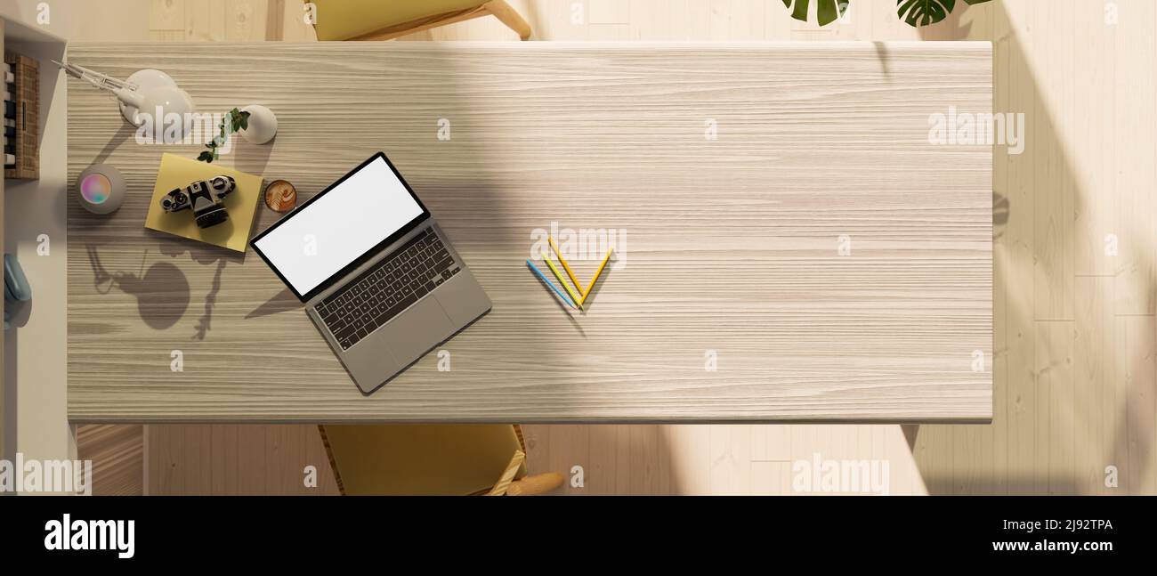 Overhead image, Modern workspace with laptop computer blank screen ...