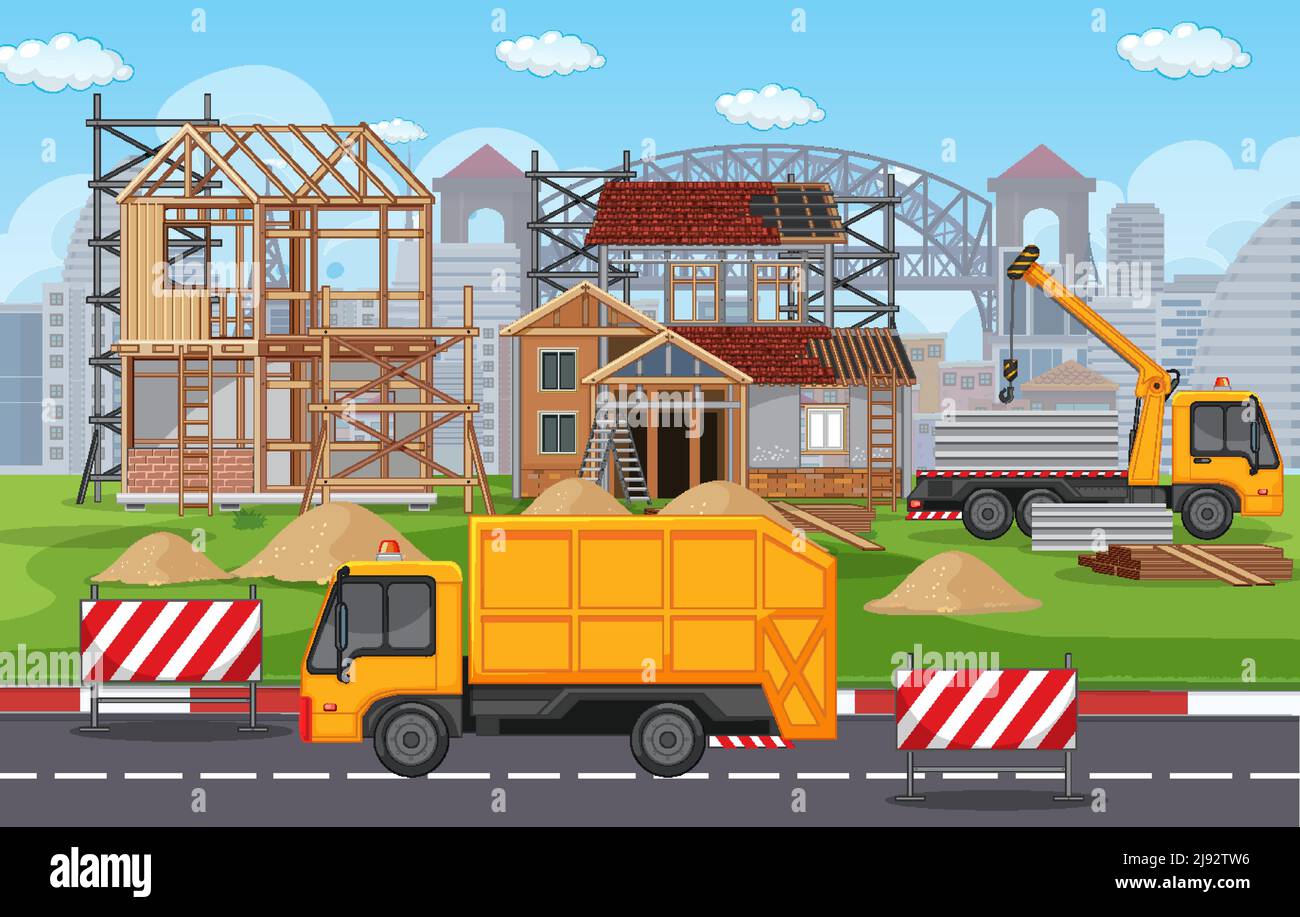 Cartoon scene of building construction site illustration Stock Vector ...