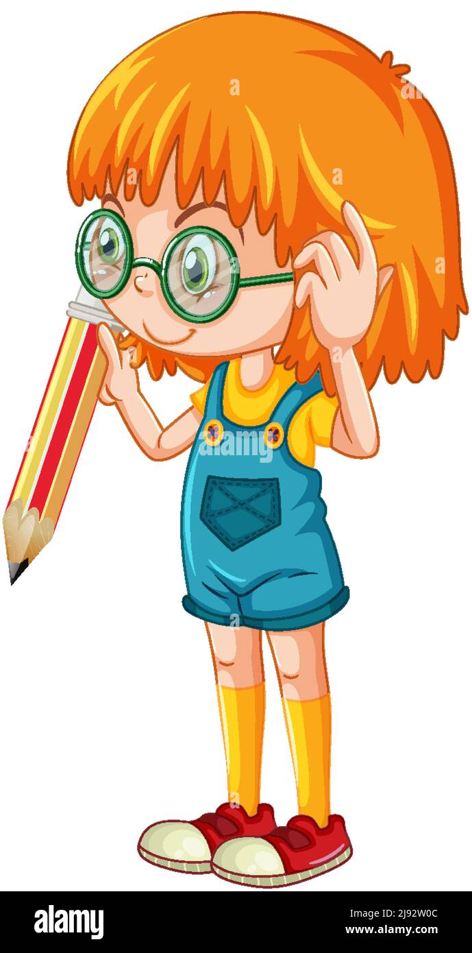 Girl holding pencil cartoon character on white background illustration ...