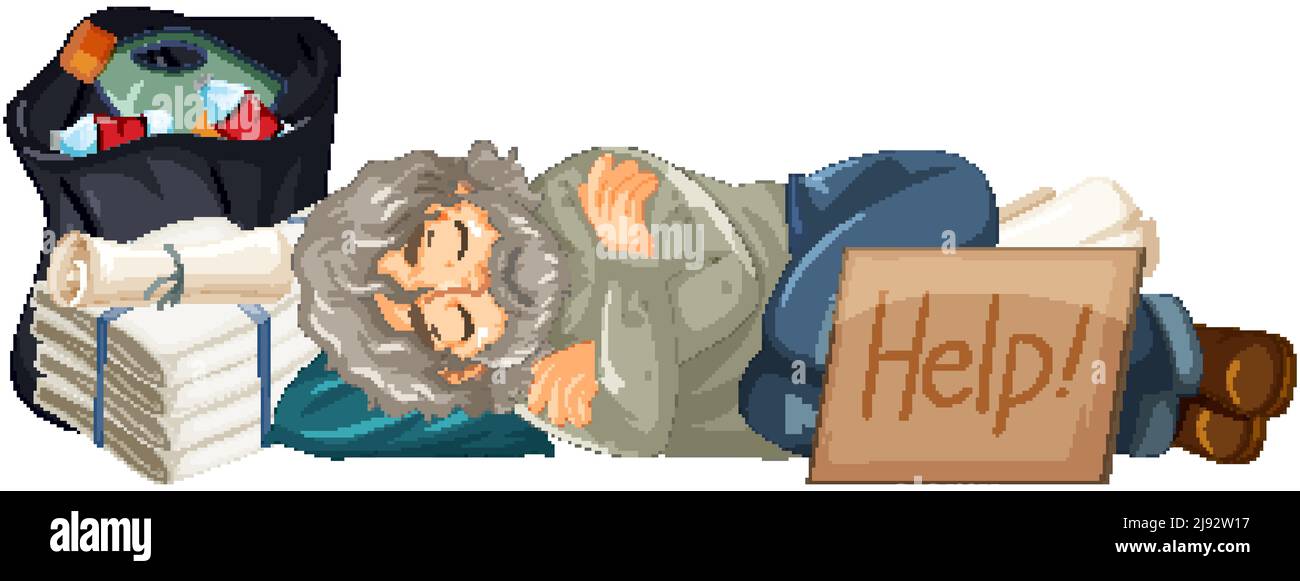 Homeless old man sleeping with help sign illustration Stock Vector ...