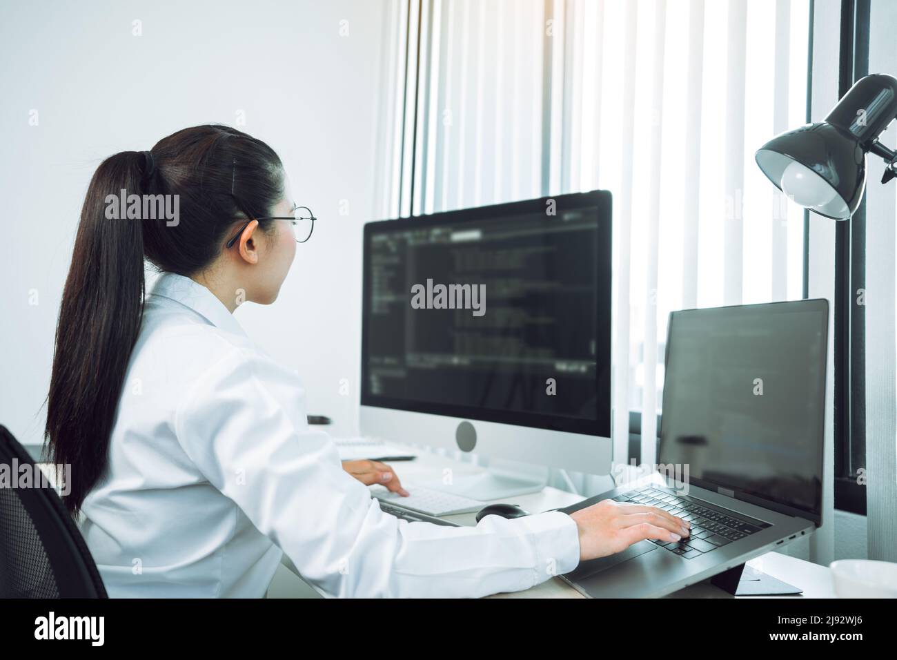 Asian woman professional development programming website working a software in office room. Stock Photo