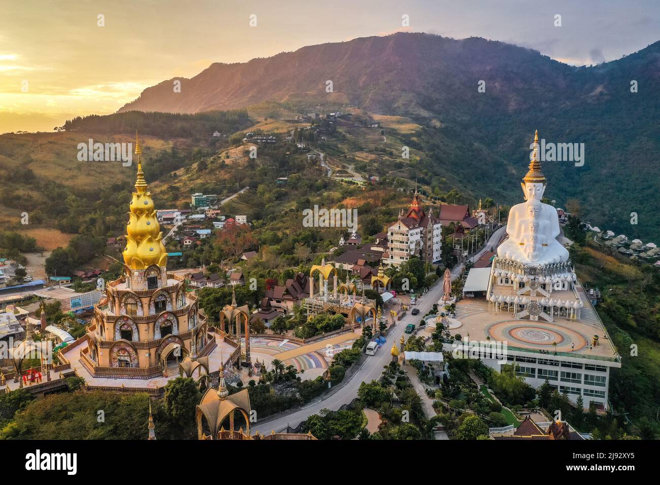 Aerial view of Wat Phrathat Pha Sorn Kaew, white buddha temple in