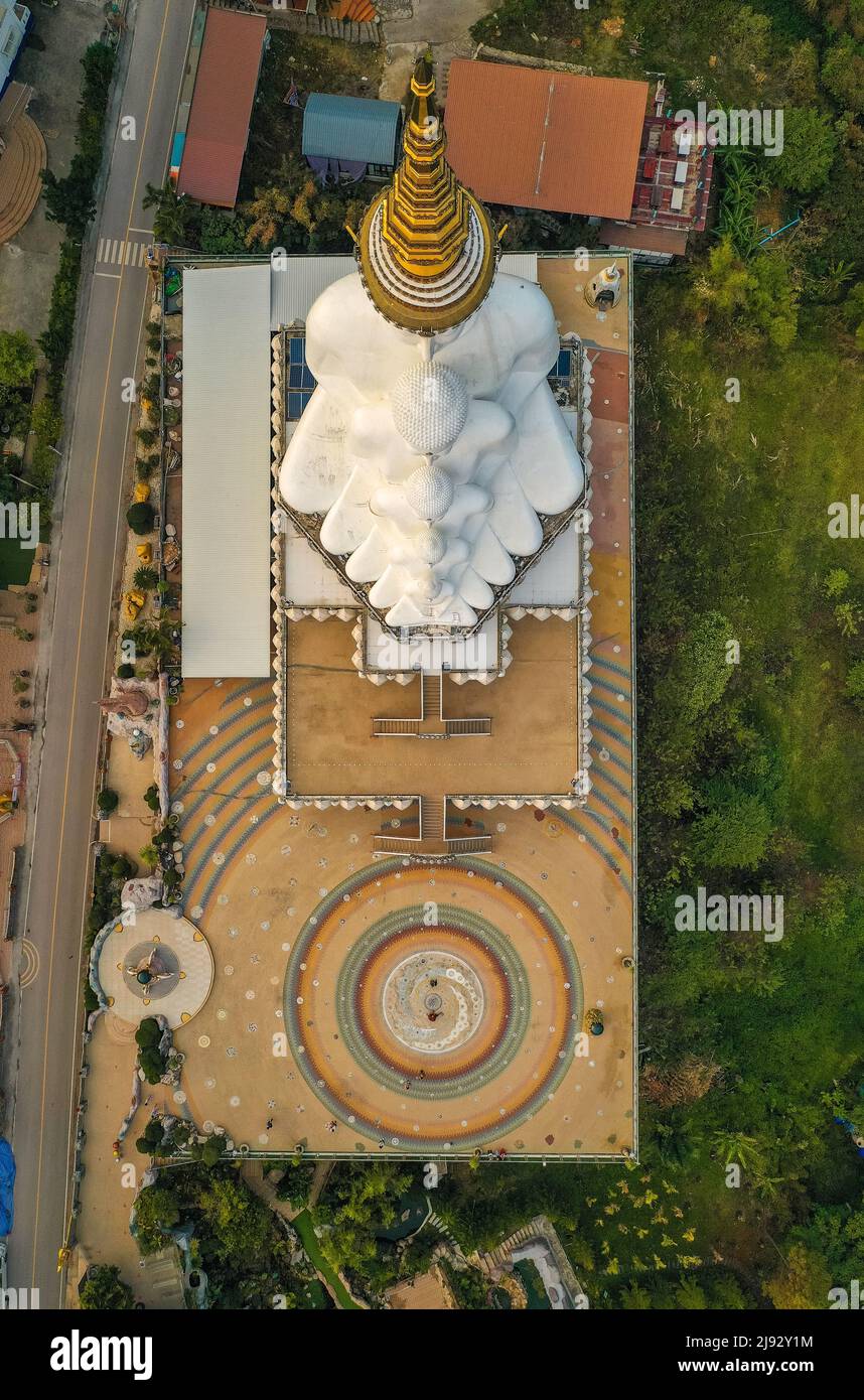 Aerial view of Wat Phrathat Pha Sorn Kaew, white buddha temple in