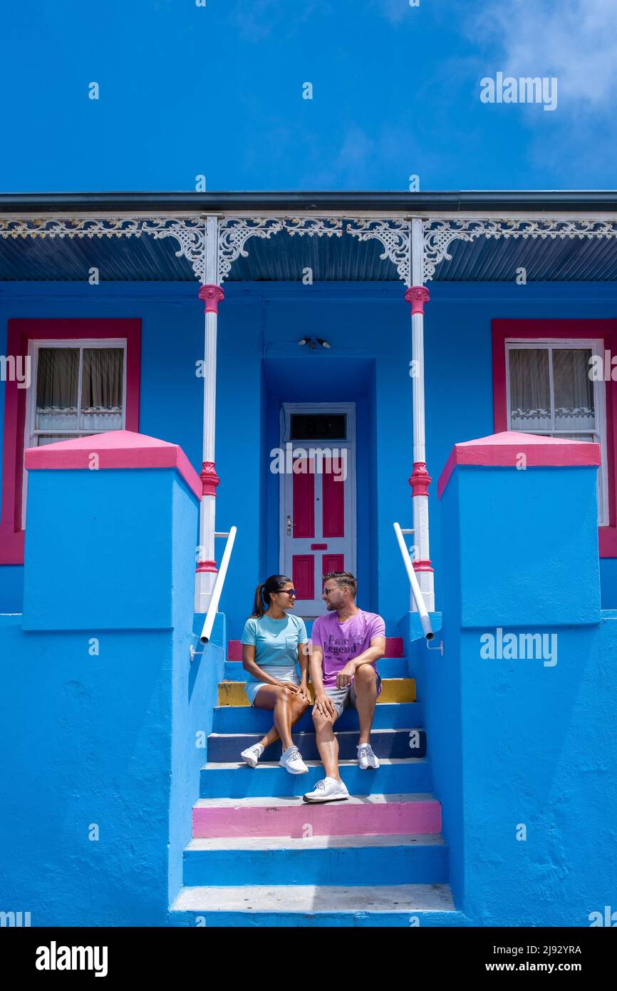Bo Kaap Township in Cape Town, colorful house in Cape Town South Africa. Bo Kaap, couple man and woman on a city trip in Cape Town Stock Photo