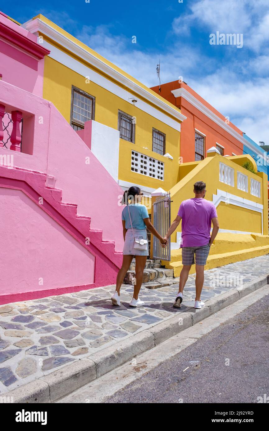 Bo Kaap Township in Cape Town, colorful house in Cape Town South Africa. Bo Kaap, couple man and woman on a city trip in Cape Town Stock Photo