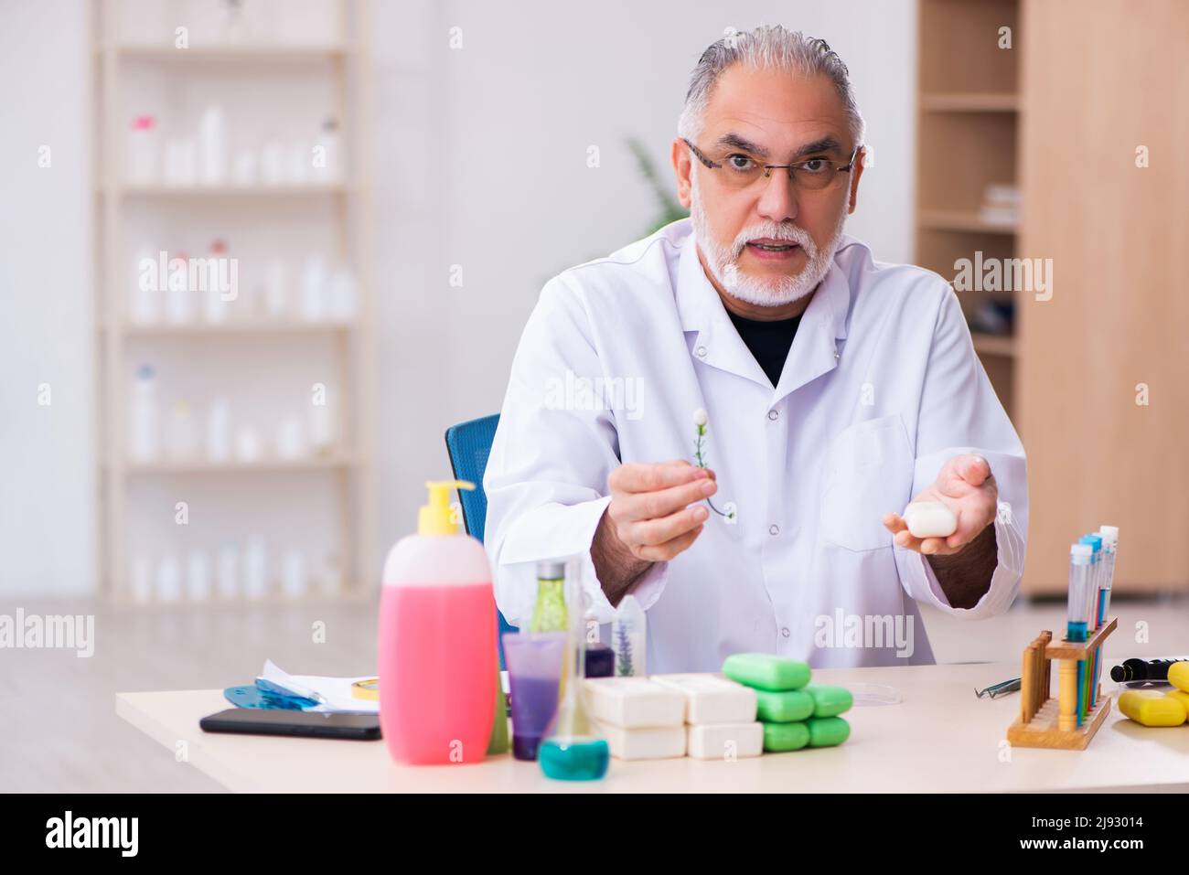 Old chemist testing soap in the lab Stock Photo Alamy