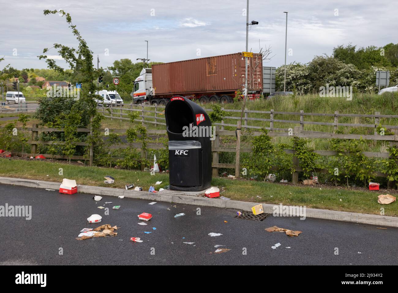 KFC litter bin and rubbish all around empty thrash container Stock
