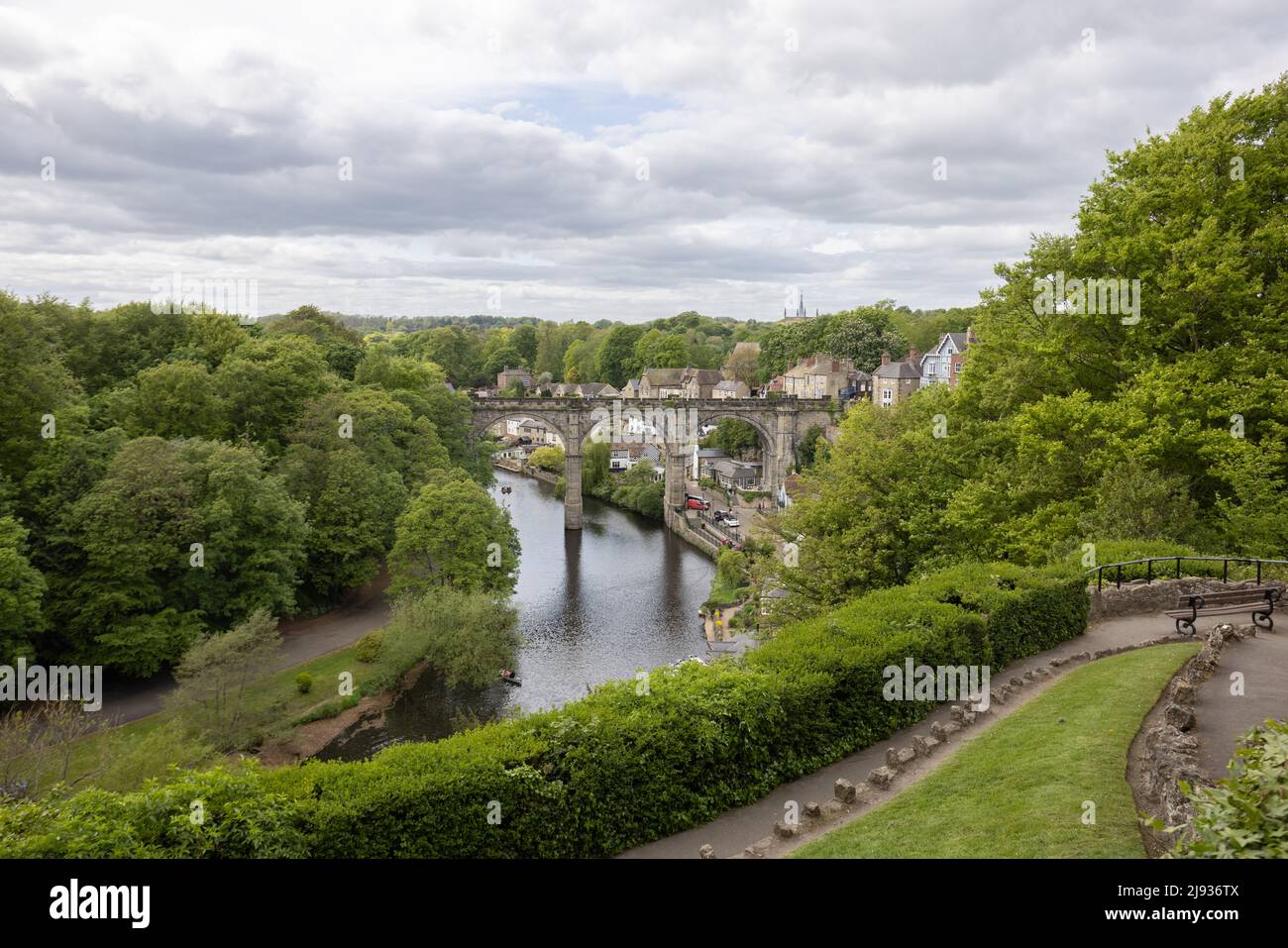 Beautiful view of Knaresborough Viaduct and trees seen from above over the River Nidd in the town of Knaresborough in Yorkshire, UK Stock Photo