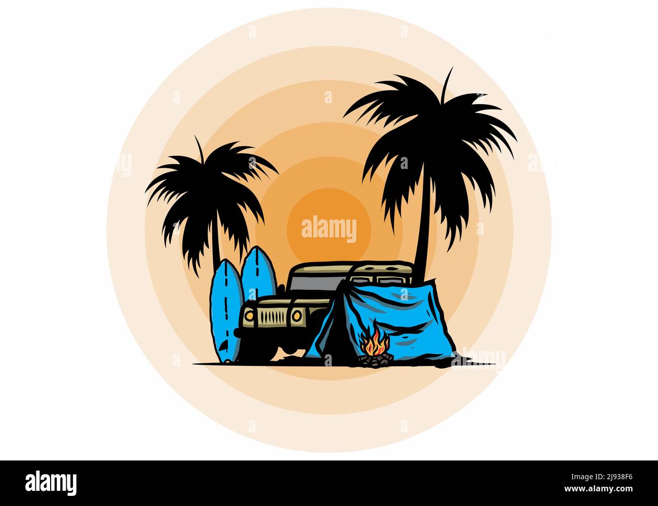 Camping on the beach with off road car illustration design Stock Vector