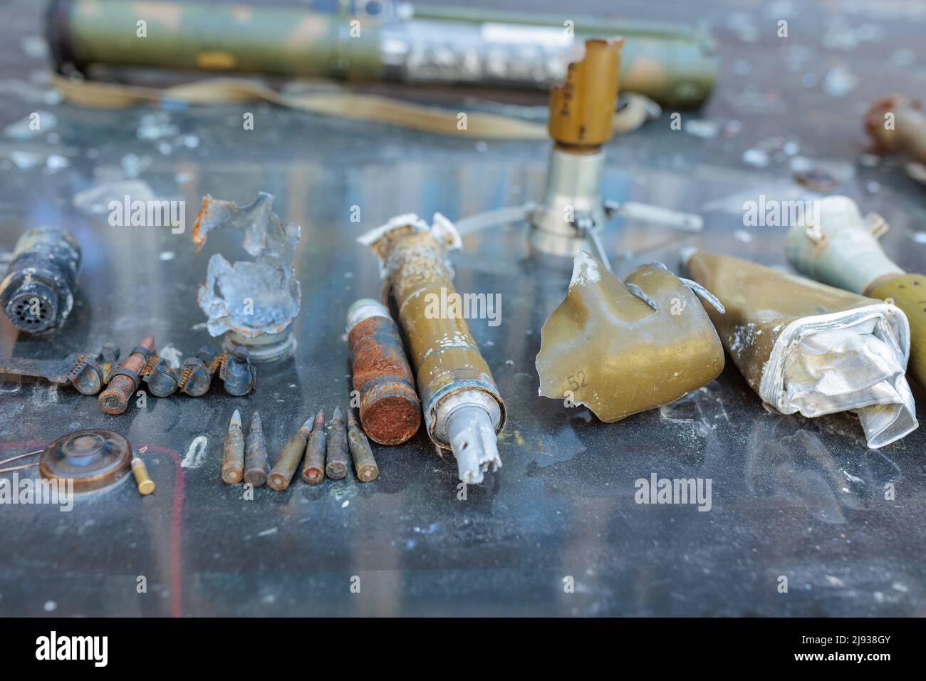 May 19, 2022, used bullets and torn parts of shells in Ukraine in the city of Irpen. Russo-Ukrainian War 2022 Stock Photo
