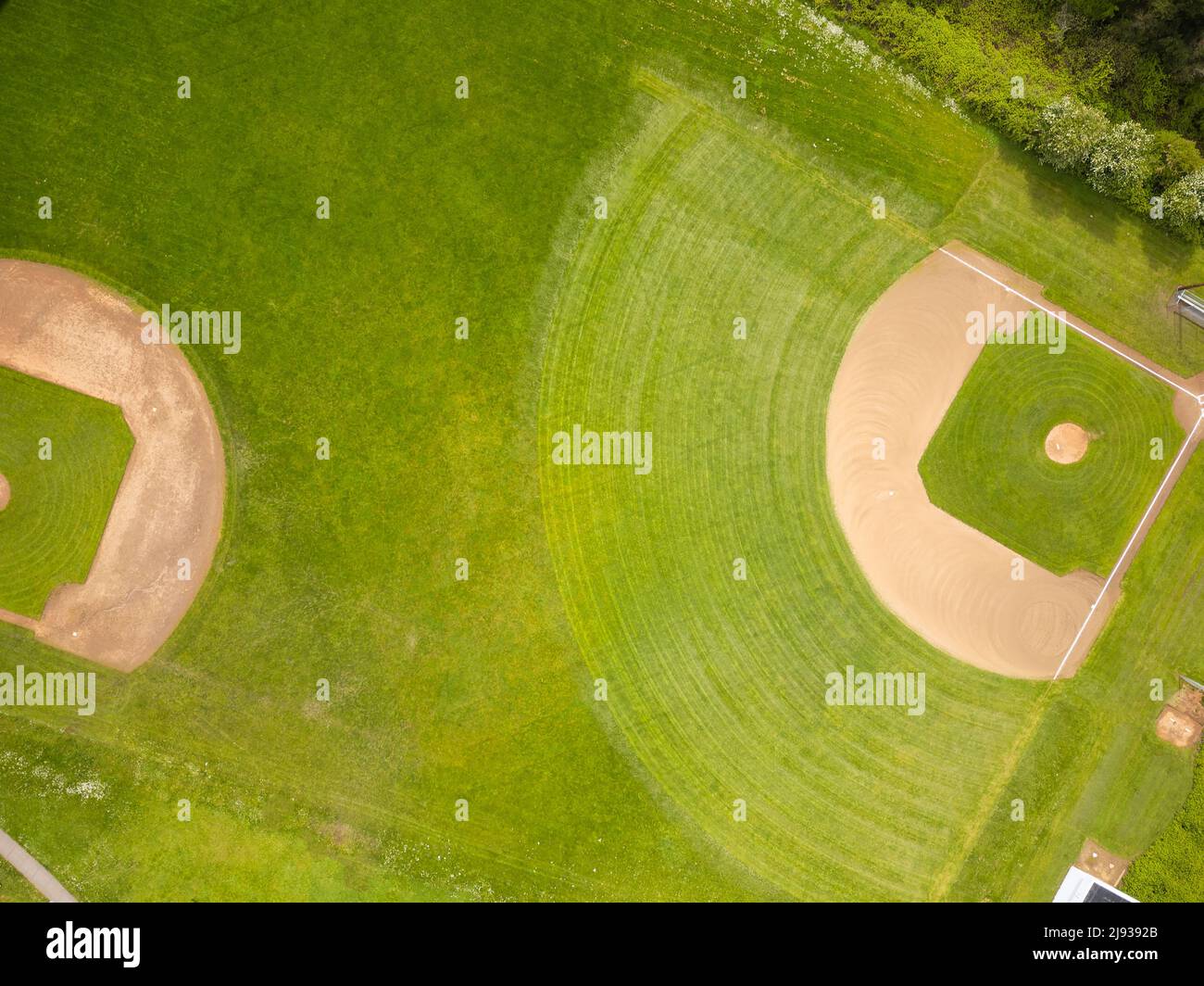 View from above. Green sports field with markings. Sports games
