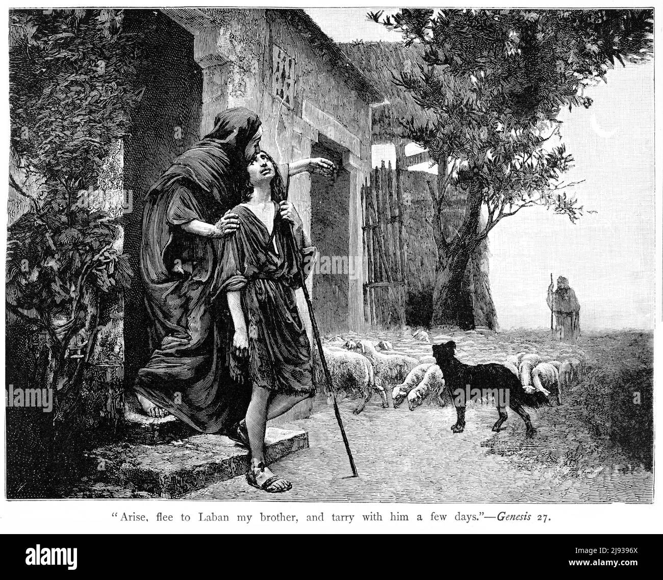 Engraving of Rebecca telling Jacob to flee to her brother Laban  after deceiving Isaac and stealing the blessing from Esau Stock Photo