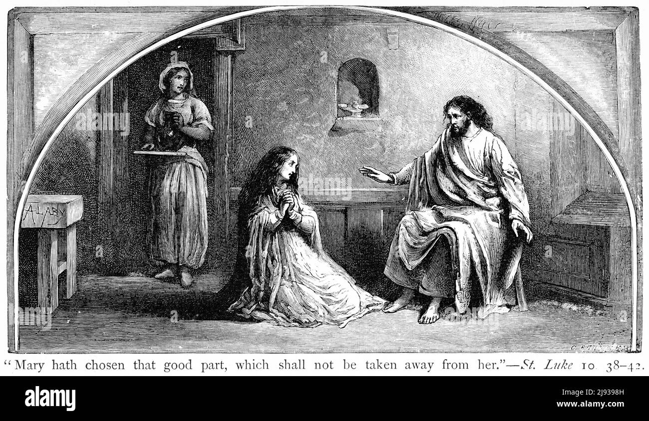 Engraving of the Jesus with the sisters Mary and Martha Stock Photo