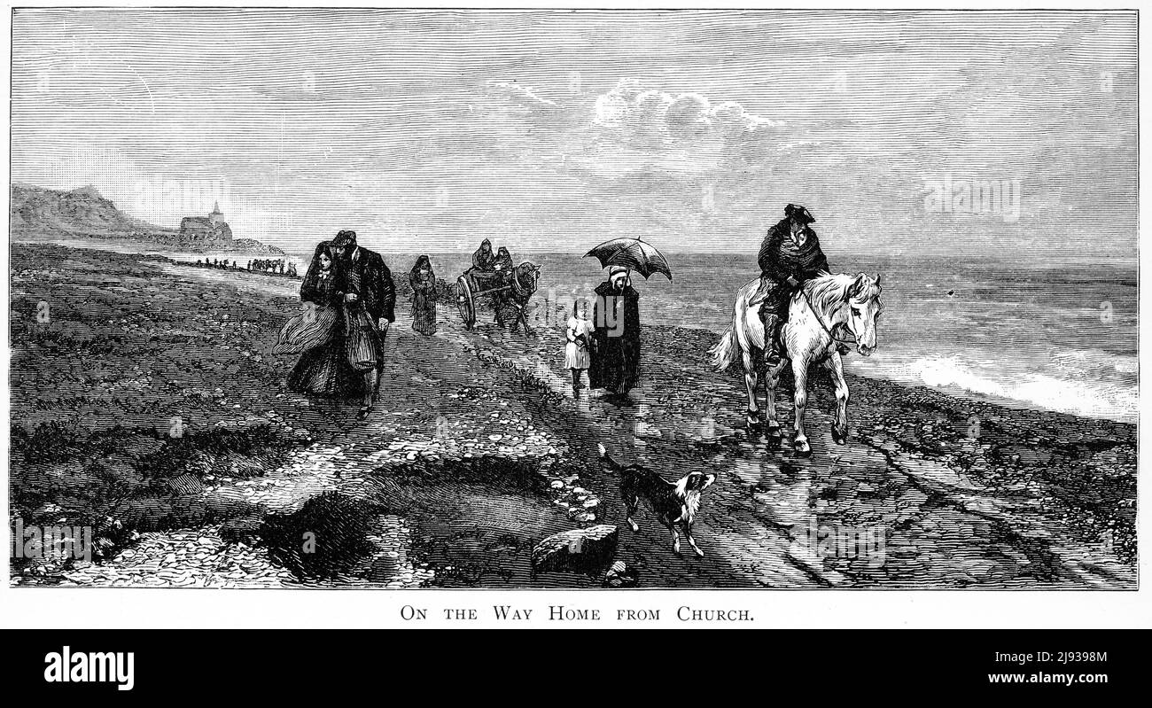 Engraving of different people, some on foot, some on horseback, some in carriages, on their way home from a church meeting, circa 1890 Stock Photo