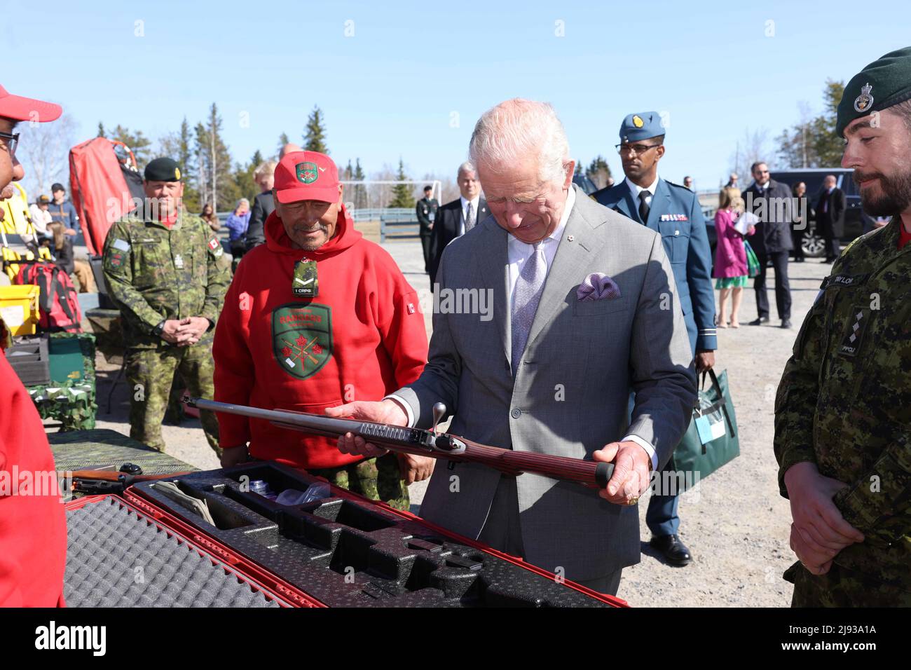 The Prince of Wales during a visit to the Canadian Rangers at Fred Henne Territorial Park in Yellowknife, to mark the organization's 75th anniversary, during his three-day trip to Canada with the Duchess of Cornwall to mark the Queen's Platinum Jubilee. Picture date: Wednesday May 18, 2022. Stock Photo