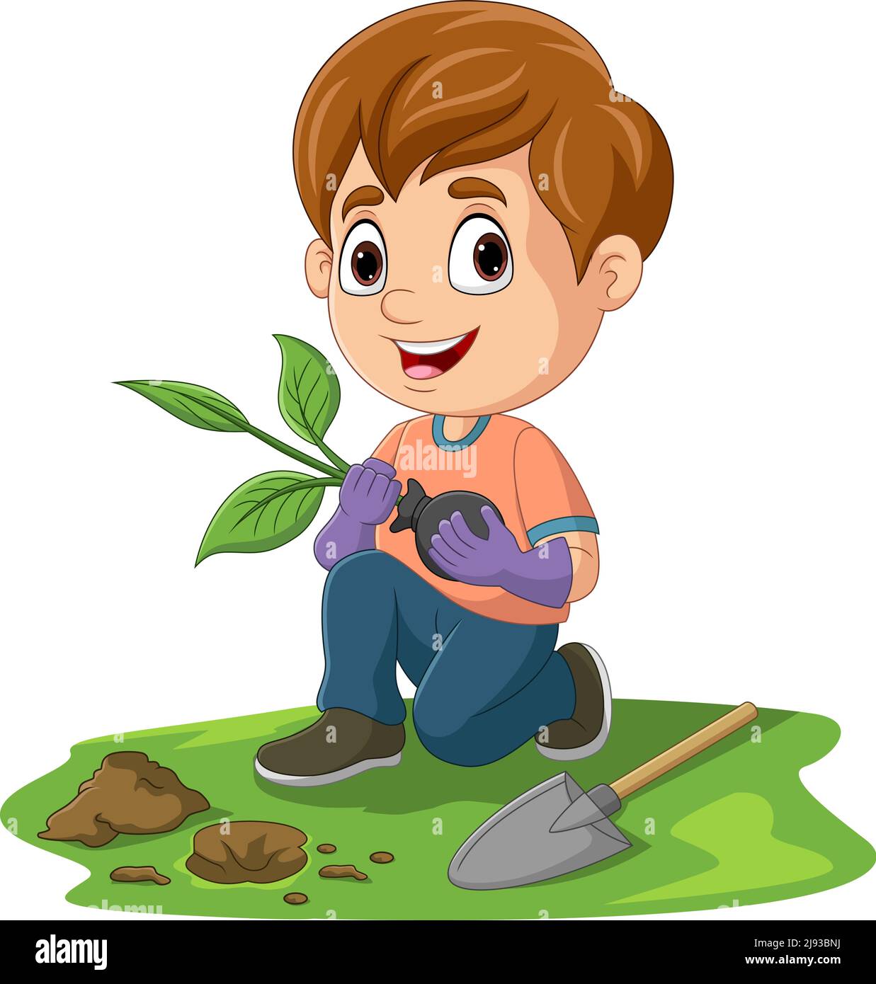 Cute little boy planting a plant Stock Vector