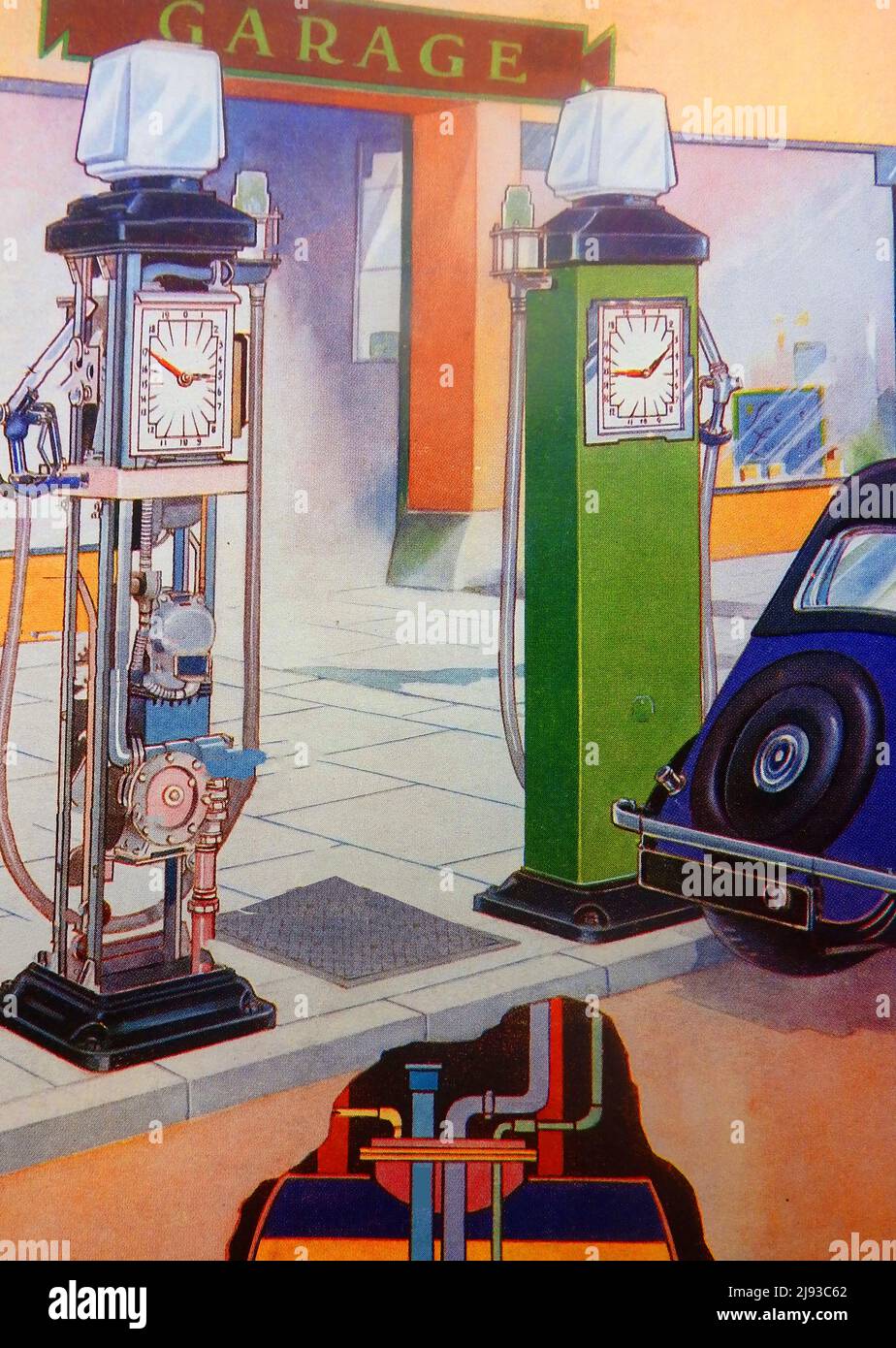 An early coloured illustration of a British garage petrol pump Stock Photo