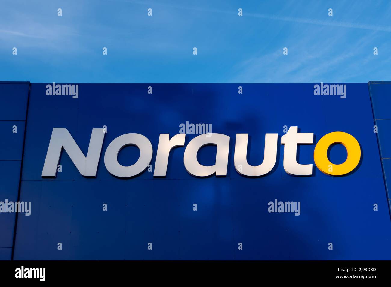 Logo on a Norauto center. Norauto is an international chain of car service and retail centers belonging to the French group Mobivia Stock Photo