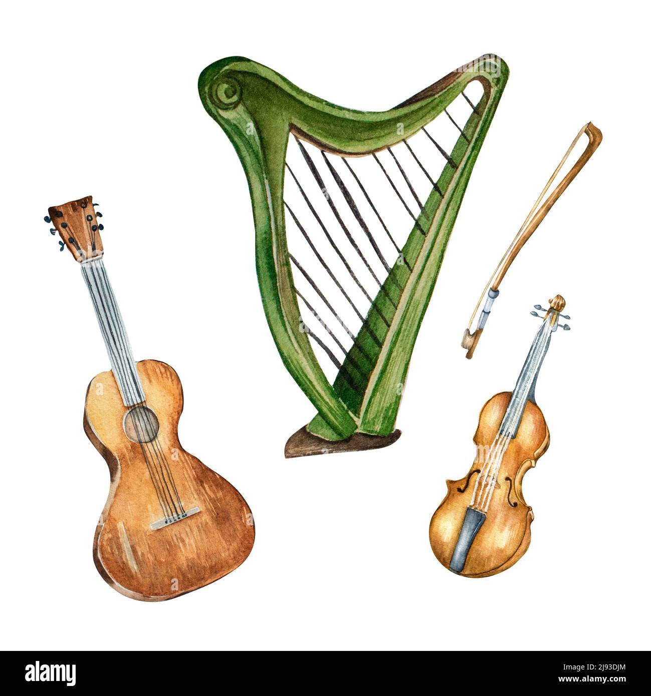 Guitar, violin, harp musical instruments watercolor illustration