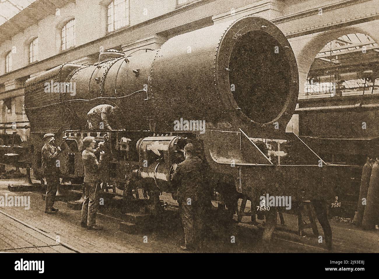 An old photograph of the famous 'Royal Scot ' railway engine under construction at the LMS works.  The London Midland and Scottish Railway  Royal Scot Class 6100 (British Railways' number 46100) Royal Scot (formerly the  6152 King's Dragoon Guardsman) Stock Photo
