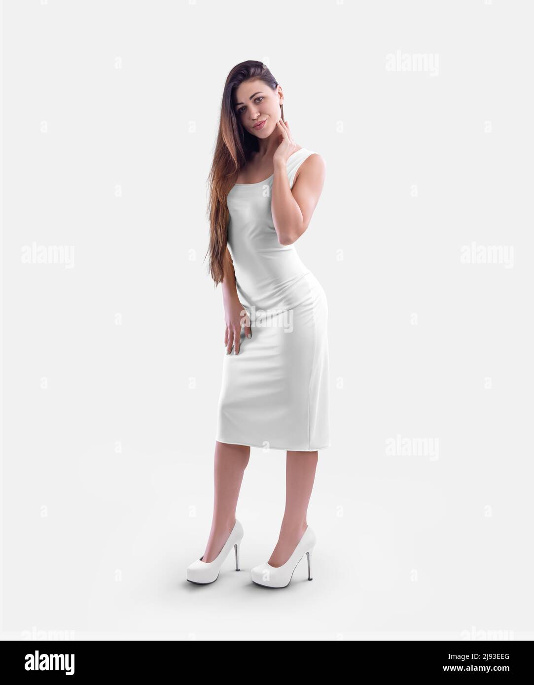 Mockup of a white tight dress of medium length, on a girl in high heels,  touching her hair, isolated on background, front, side view. Fashion  sundress Stock Photo - Alamy