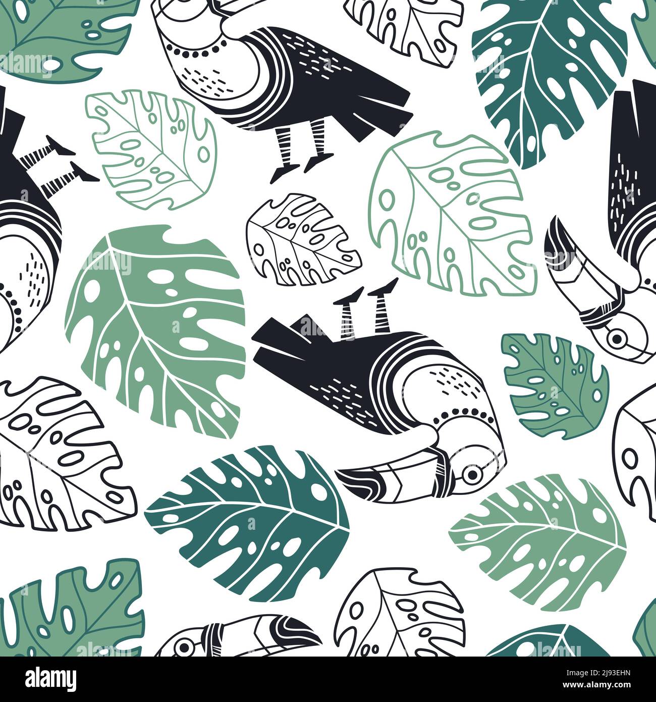 Seamless abstract tropical pattern with hand drawn plants and toucans ...