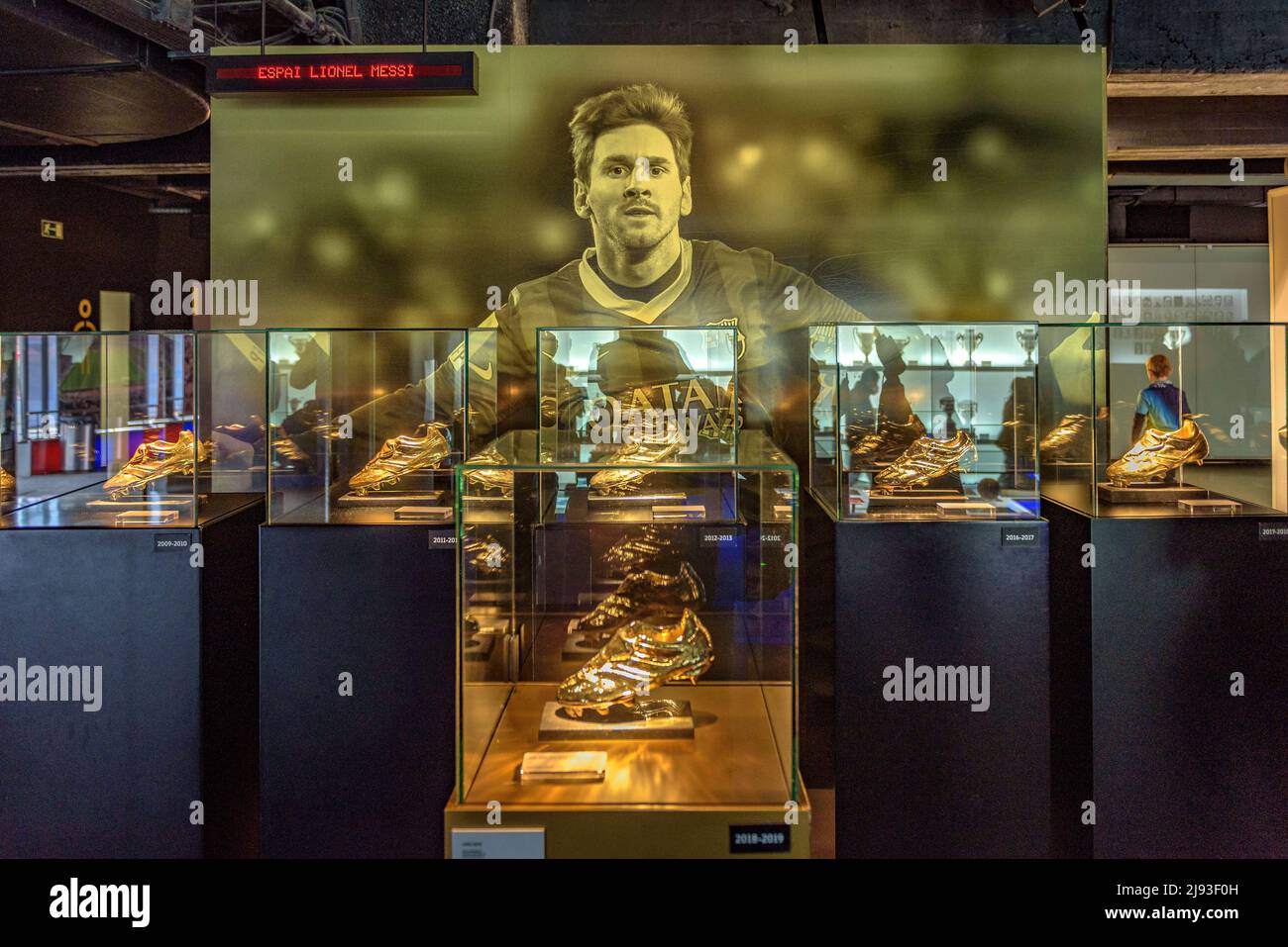 European Golden Shoe to the top European scorer awarded to Leo Messi, in the Messi space of the FC Barcelona museum, at the Camp Nou, Barcelona, Spain Stock Photo