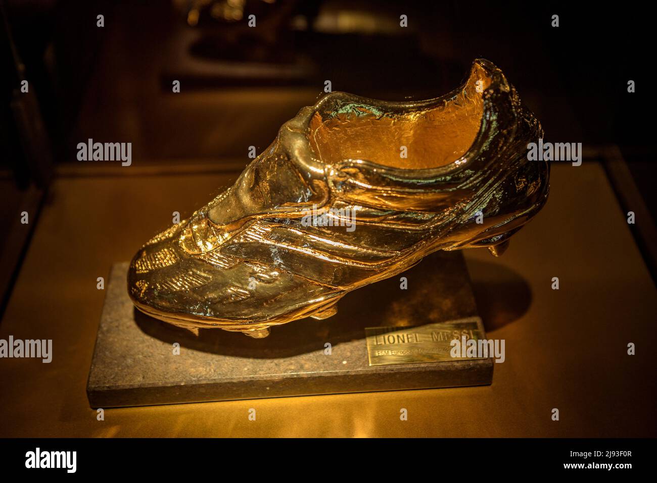 European Golden Shoe to the top European scorer awarded to Leo Messi, in the Messi space of the FC Barcelona museum, at the Camp Nou, Barcelona, Spain Stock Photo