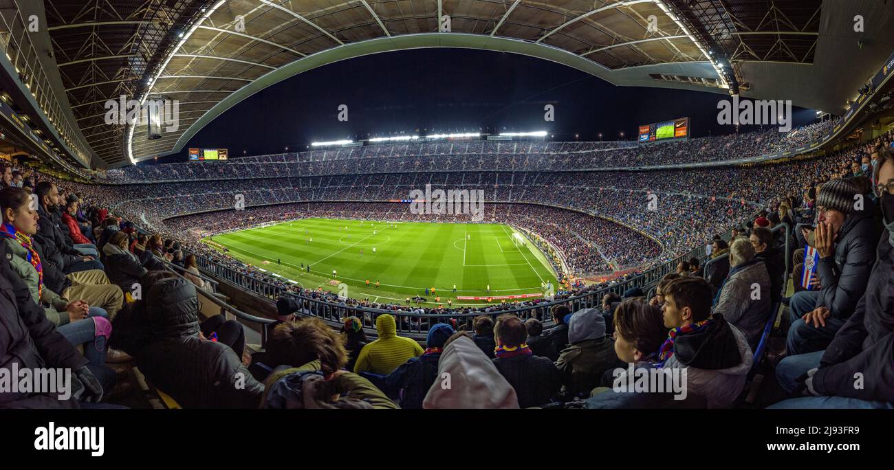 FC Barcelona fans on a match day of the 2022 Spanish League between Barça and Sevilla at the Camp Nou (Barcelona, Catalonia, Spain) Stock Photo