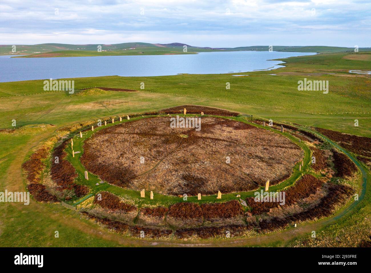 Aerial view of the Ring of Brodgar Neolithic stone circle, Orkney Islands, Scotland. Stock Photo