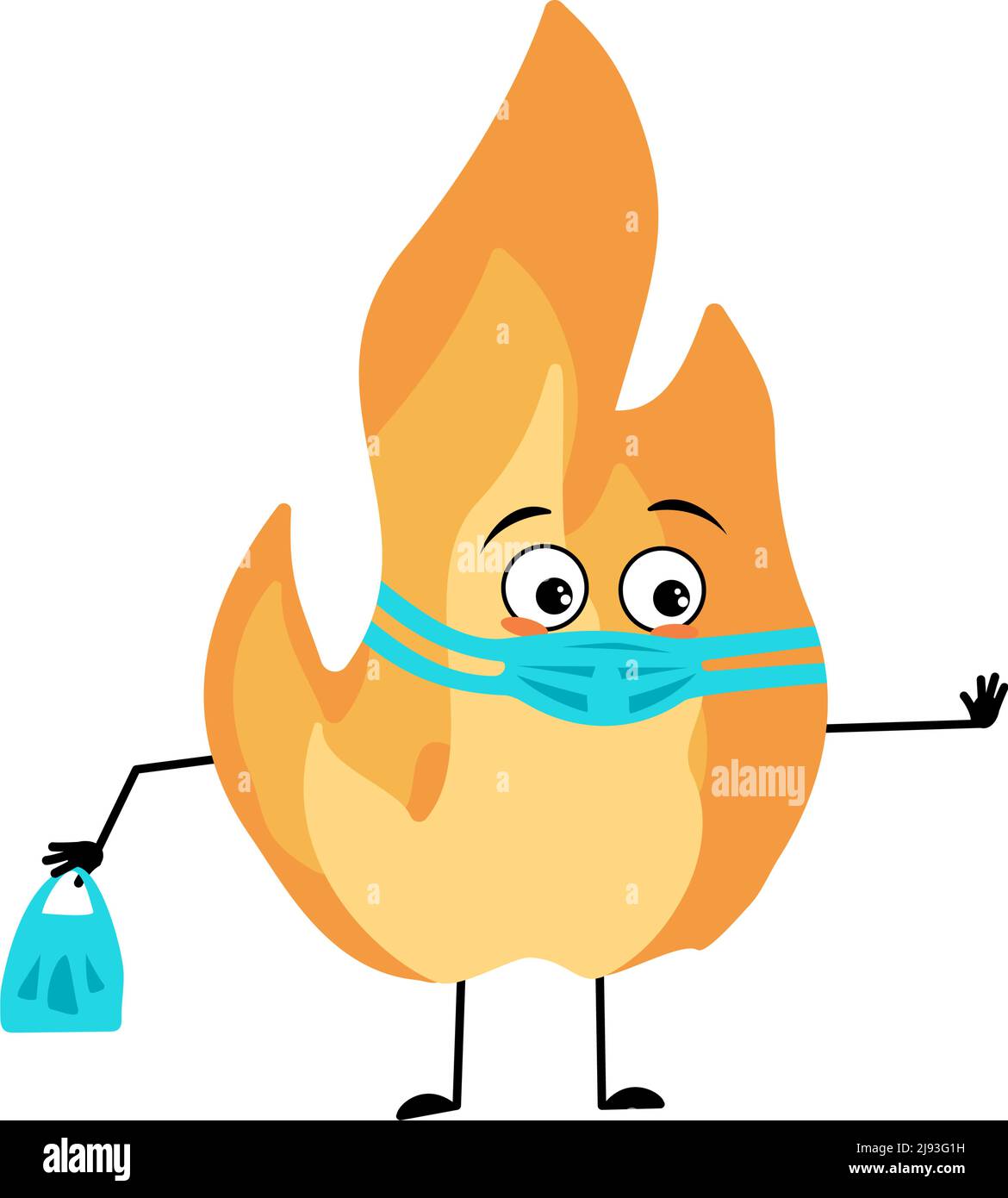 Cute flame character with face in medical mask and keep distance, hands with shopping bag and stop gesture. Fire man with care expression, hot orange person. Vector flat illustration Stock Vector