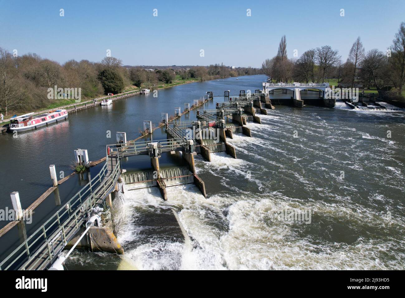 Teddington wier river Thames UK drone aerial view Stock Photo