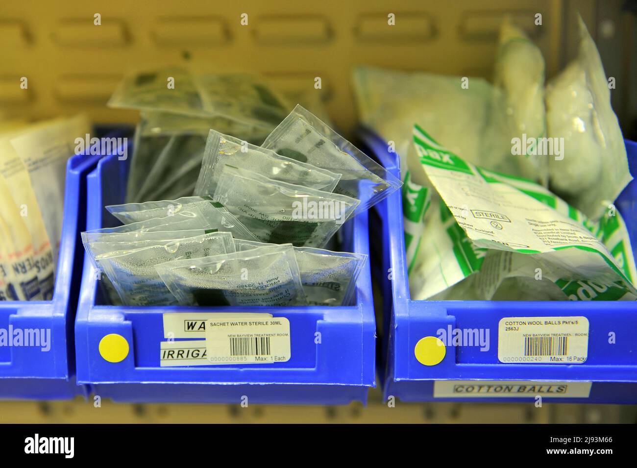 Close up frame of plastic bag wrapped medical equipment used in an operating theatre. Stock Photo