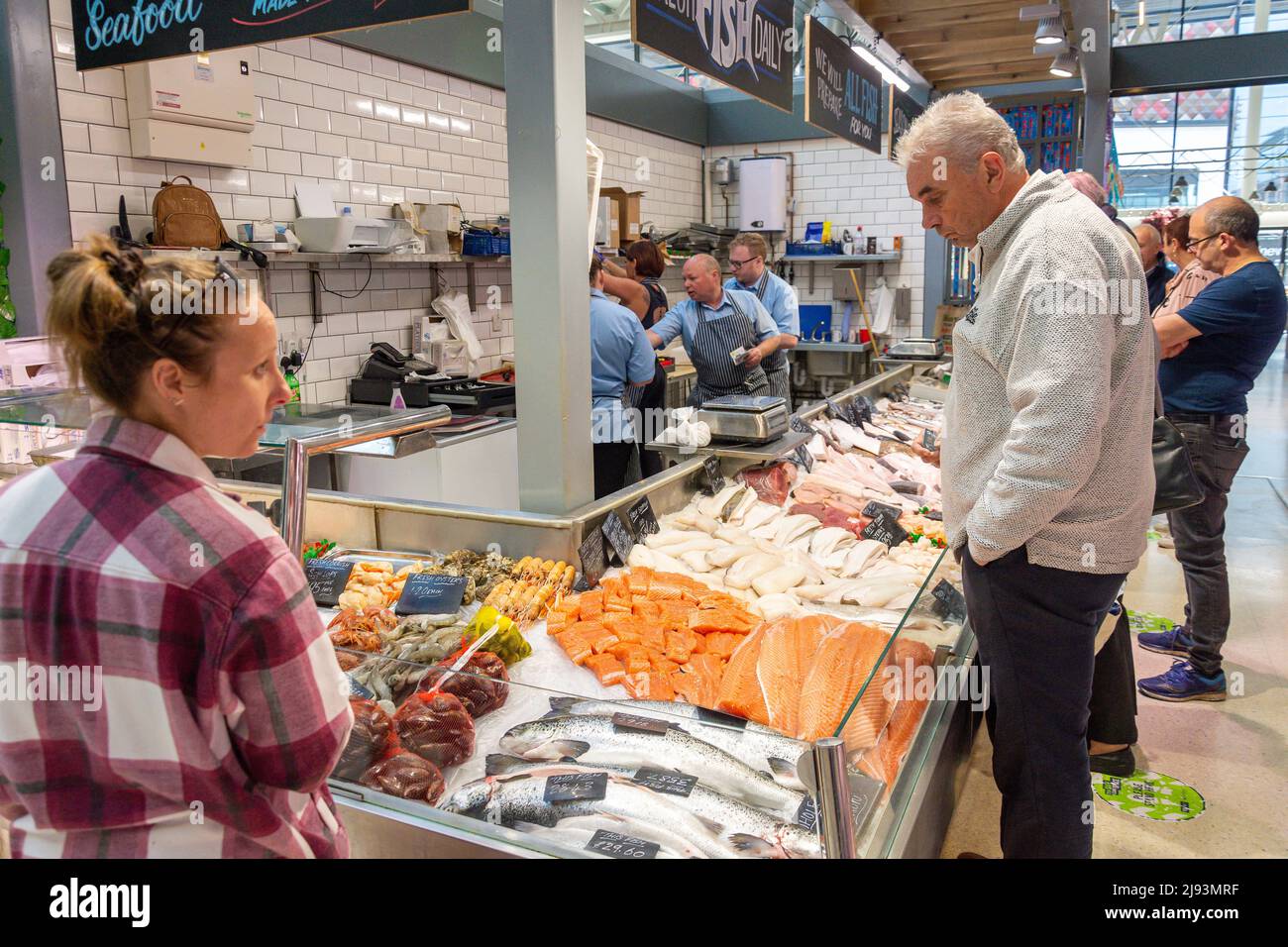 Fresh fish counter inside Warrington Market, Time Square, Warrington, Cheshire, England, United Kingdom Stock Photo