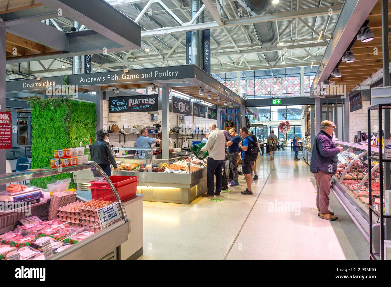 Fresh food counters inside Warrington Market, Time Square, Warrington, Cheshire, England, United Kingdom Stock Photo