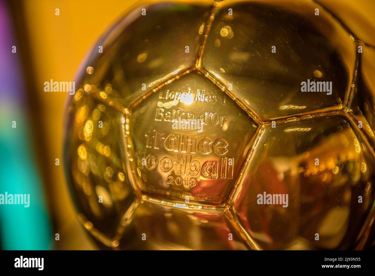 Golden Ball to the best player in the world given to Leo Messi and exhibited in the Messi space of the FC Barcelona museum, at the Camp Nou, Barcelona Stock Photo