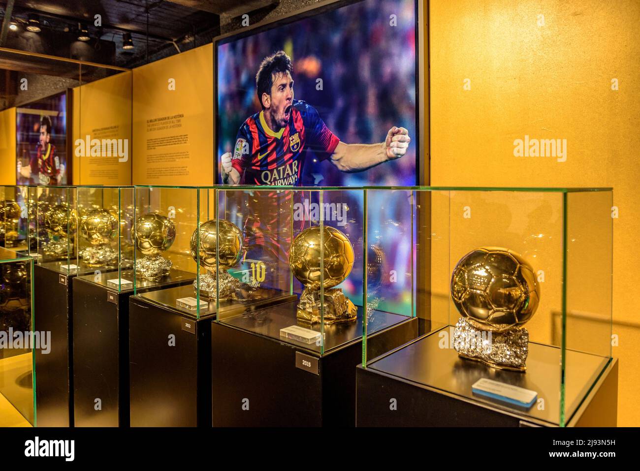 Golden Ball to the best player in the world given to Leo Messi and exhibited in the Messi space of the FC Barcelona museum, at the Camp Nou, Barcelona Stock Photo