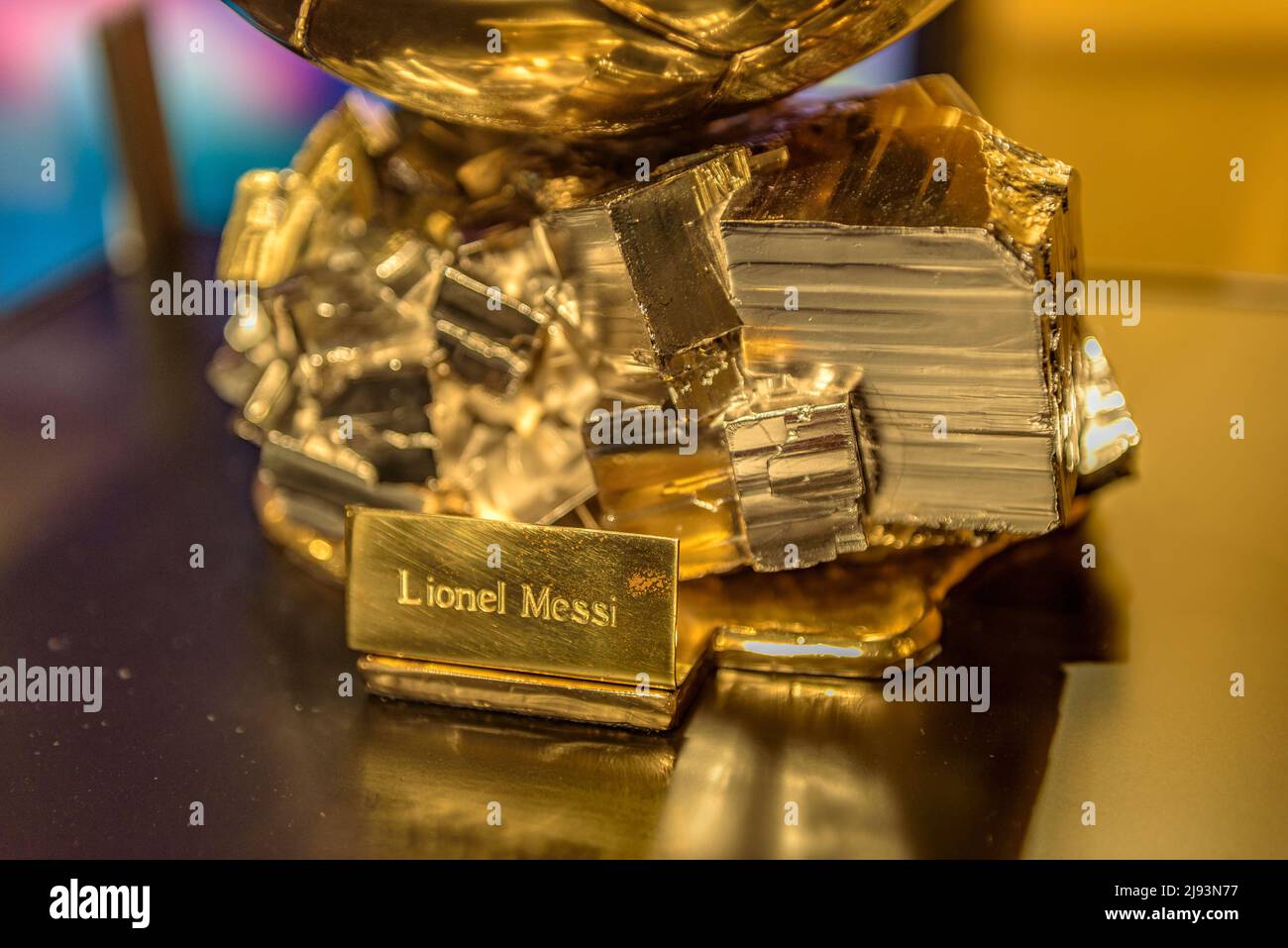 Golden Ball to the best player in the world given to Leo Messi and exhibited in the Messi space of the FC Barcelona museum, at the Camp Nou, Barcelona Stock Photo