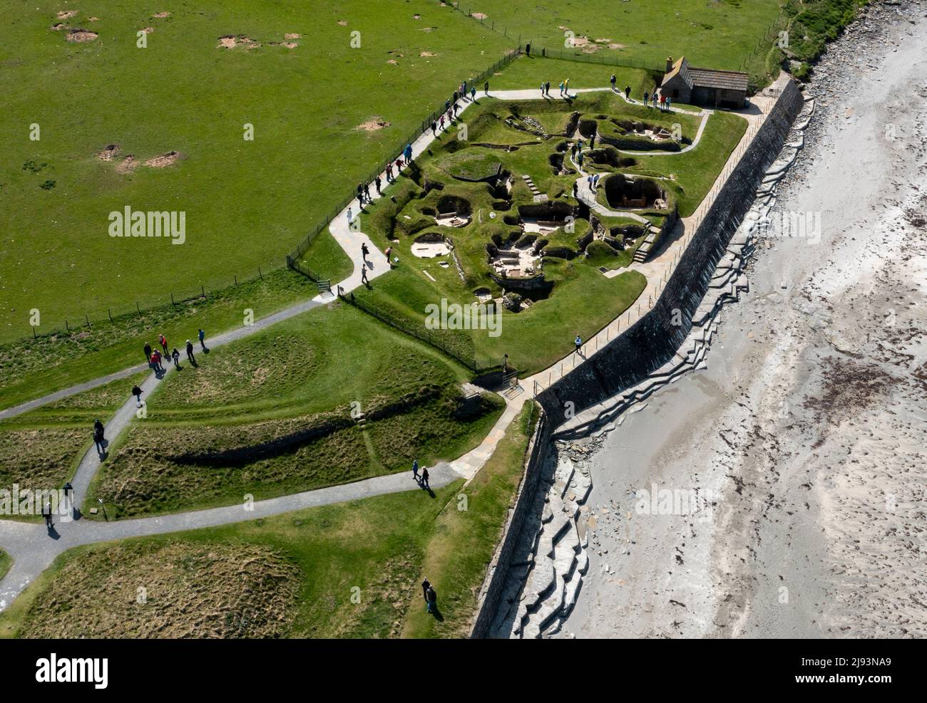 Aerial view of Skara Brae Neolithic settlement, Bay of Skaill, Orkney West Mainland, Orkney Islands. Stock Photo