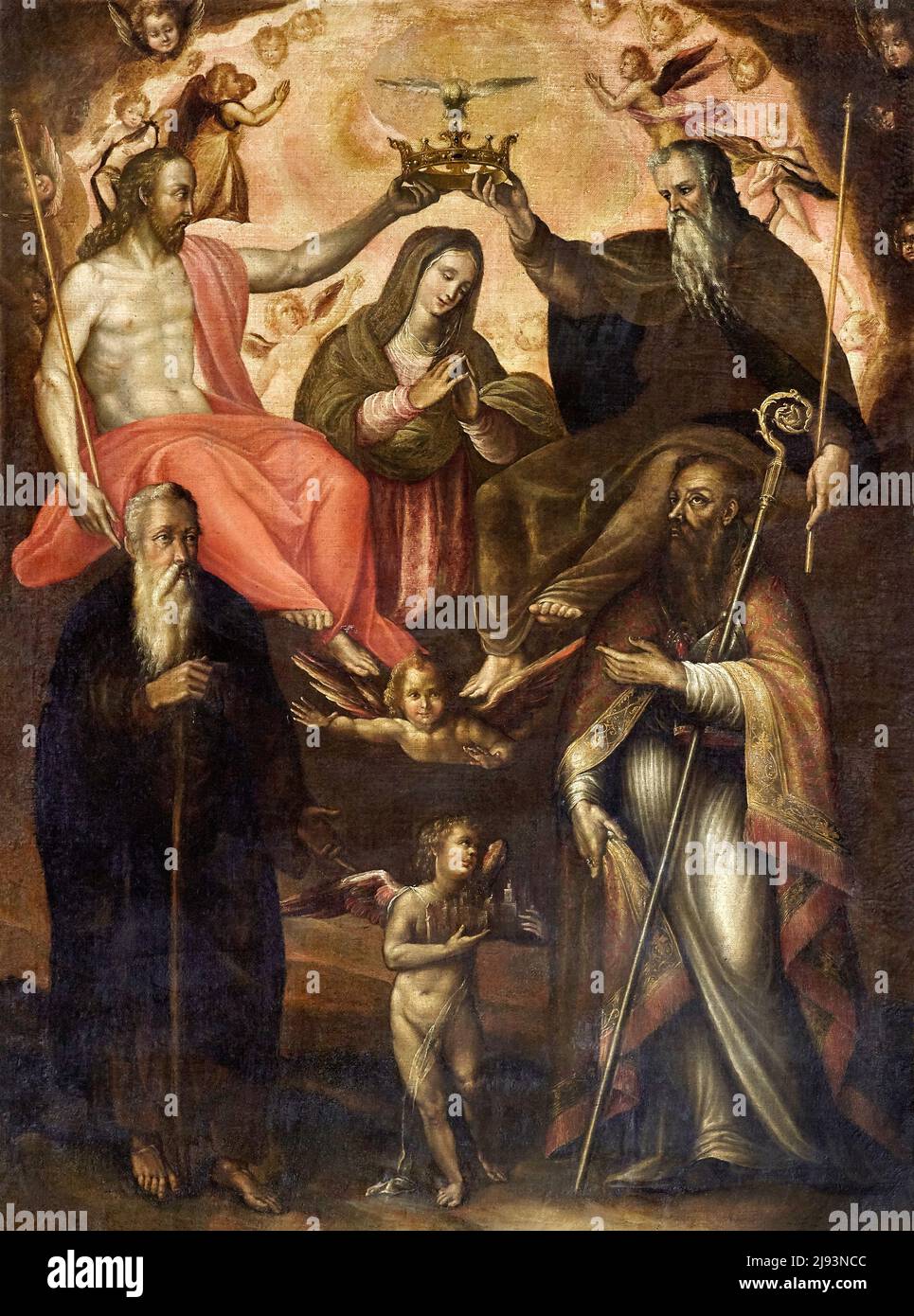 Incoronazione della Vergine con due santi  - olio su tela - pittore mantovano della seconda metà del XVI secolo - Suzzara (Mn),Italia, chiesa parrocch Stock Photo