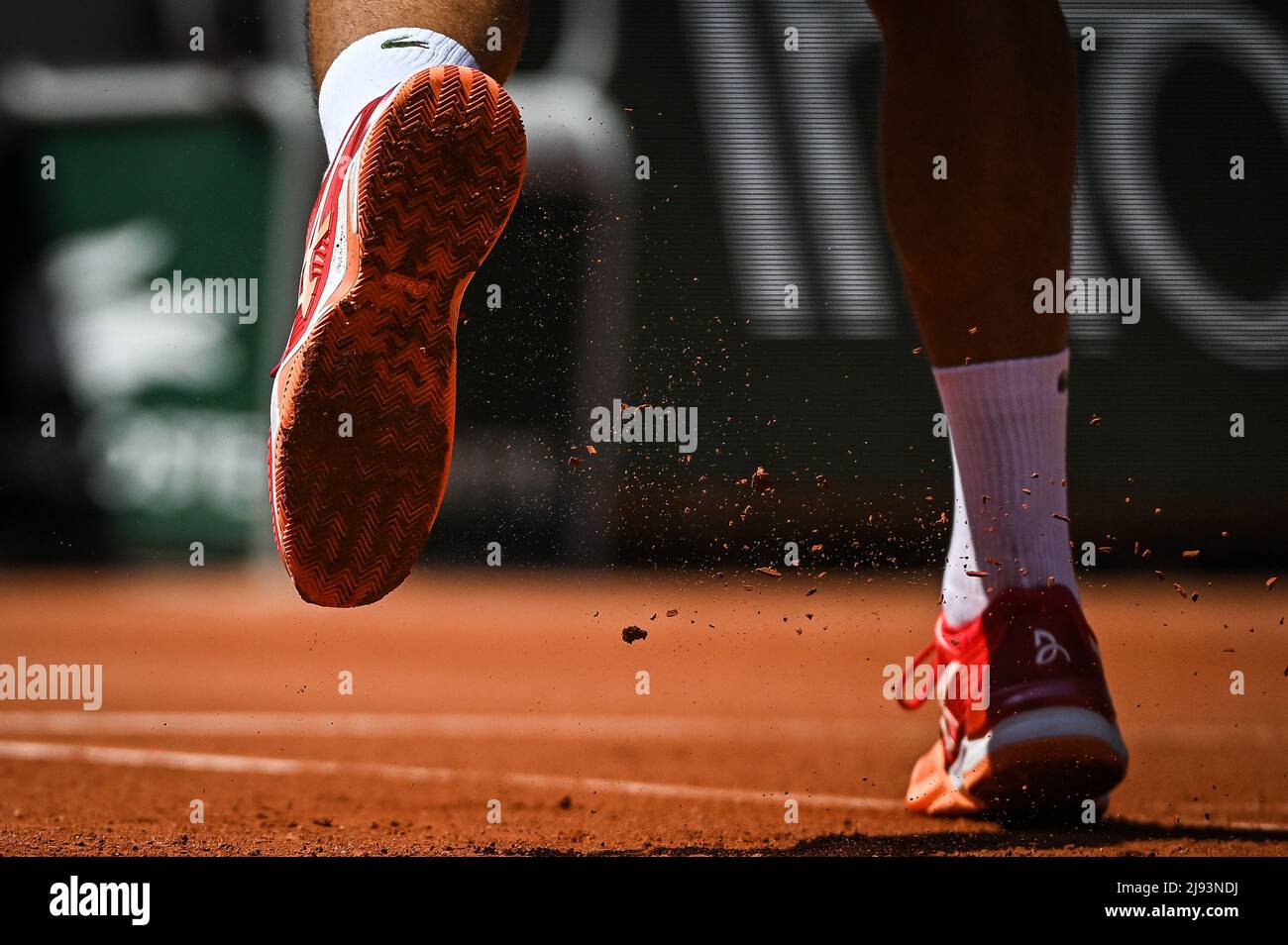 Paris, France - May 20, 2022, Paris, France - May 20, 2022, Detail of the  shoes of Novak DJOKOVIC of Serbia during a training session of  Roland-Garros 2022, French Open 2022, Grand
