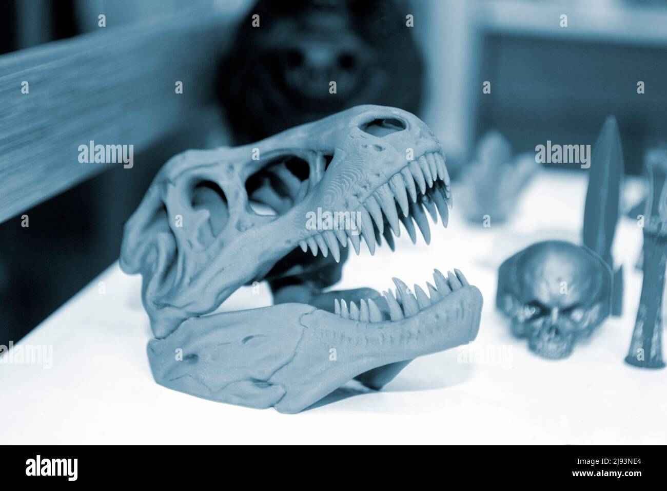 Model dinosaur skull printed on 3d printer. Object photopolymer printed on stereolithography 3D printer. Technology of liquid photopolymerization under UV light. New additive 3D printing technology Stock Photo
