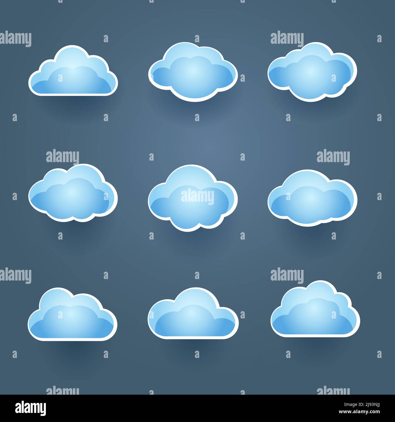 Set of nine different blue vector cloud icons in different shapes conceptual of the weather forecast or cloud computing Stock Vector