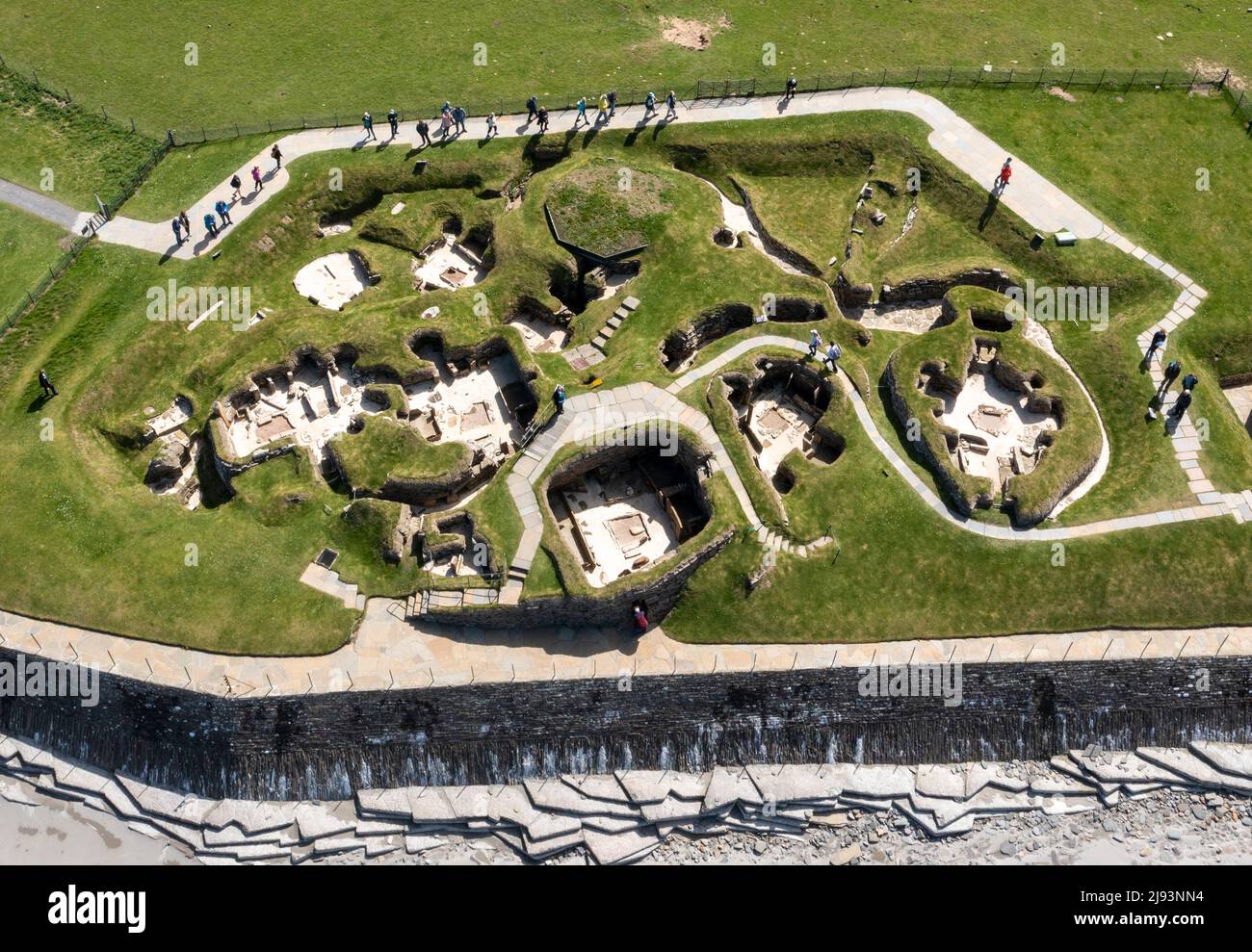 Aerial view of Skara Brae Neolithic settlement, Bay of Skaill, Orkney West Mainland, Orkney Islands. Stock Photo