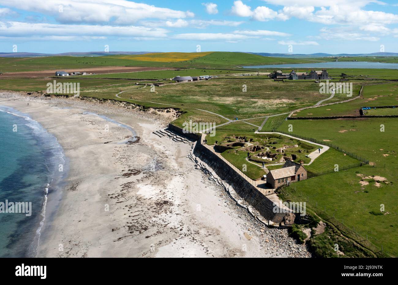 Aerial view of Skara Brae Neolithic settlement, Bay of Skaill, Orkney West Mainland, Orkney Islands. Stock Photo
