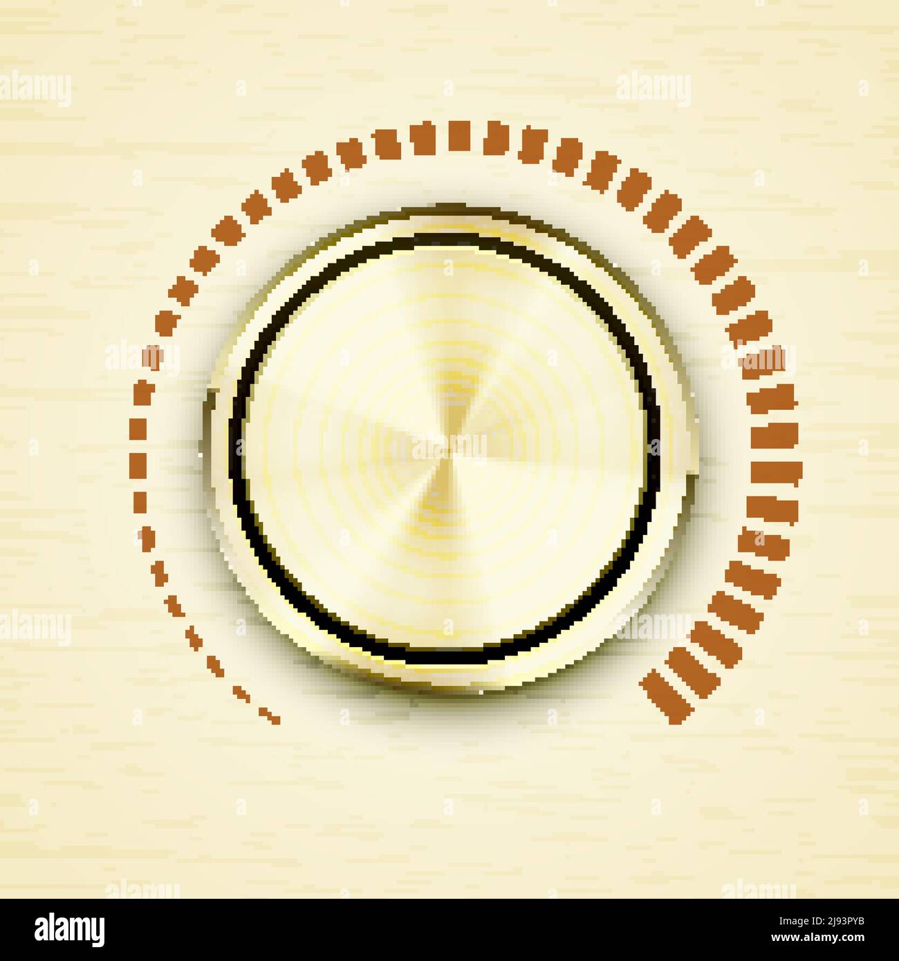 Round gold brushed metallic volume knob or button with a red scale showing increasing decibels and sound output on electronic music or broadcast equip Stock Vector