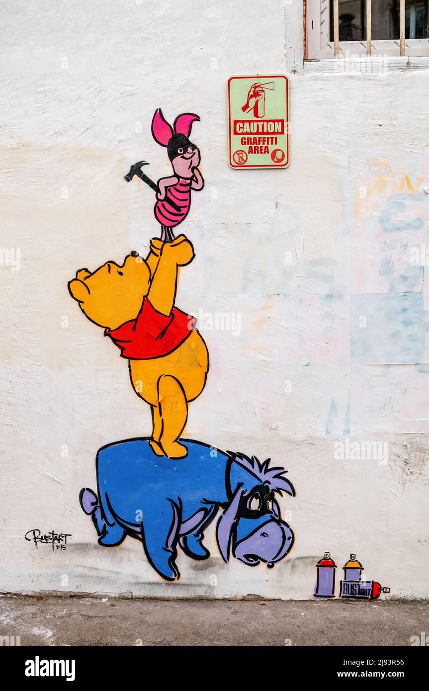 Winnie the Pooh, Eeyore and Piglet at the Butte-aux-Cailles, Paris 13th, France Stock Photo