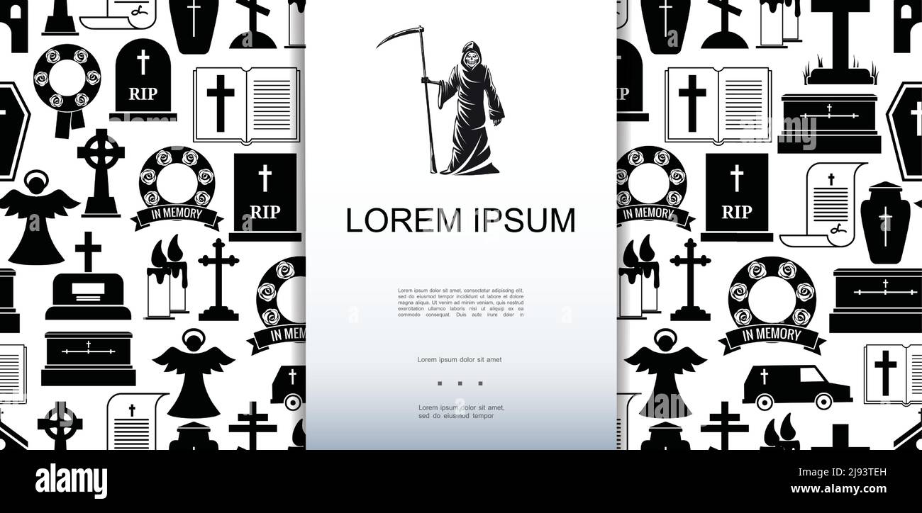 Flat death icons seamless pattern with grim reaper funeral and burial ...