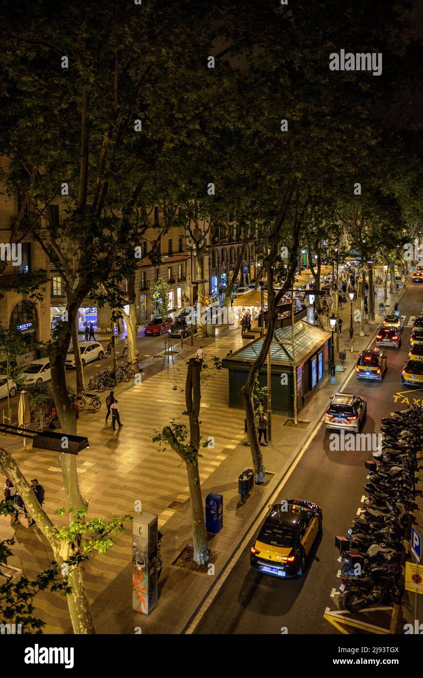 The emblematic promenade of La Rambla / Las Ramblas in Barcelona, at night (Barcelona, Catalonia, Spain) ESP: El paseo emblemático de La Rambla, BCN Stock Photo