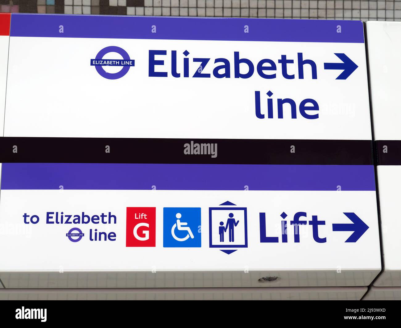 View of signage for the new Elizabeth tube line opening in London 2022 at Tottenham Court Road station Stock Photo